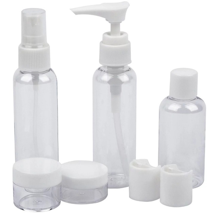 Set recipiente pentru calatorie, Zola®, din plastic, transparente, 7 bucati, 11 ml, 15 ml, 50 ml si 60 ml