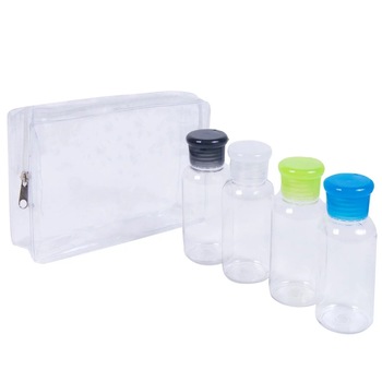 Set recipiente pentru calatorie, Zola®, din plastic, transparente, 4 bucati si gentuta, 80 ml Set recipiente pentru calatorie, Zola®, din plastic, transparente, 4 bucati si gentuta, 80 ml