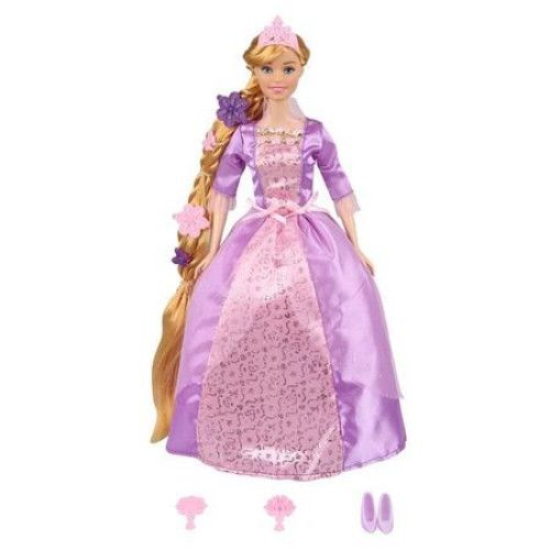 Papusa cu par lung blond ce o imita pe Rapunzel, imbracata in rochie mov de printesa, 34 cm , pentru fete, ATS