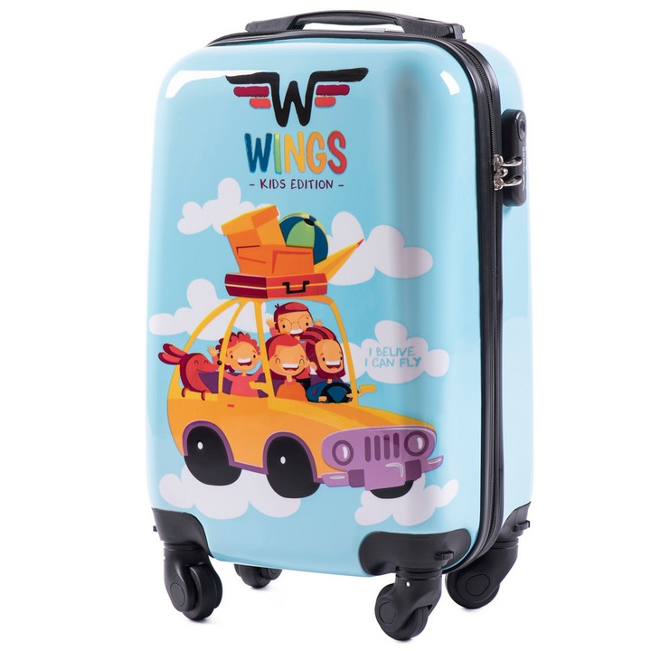 Куфар, Деца, Wings WKIDS - 50 cm Car, поликарбонат, с 4 колела, Светло синьо