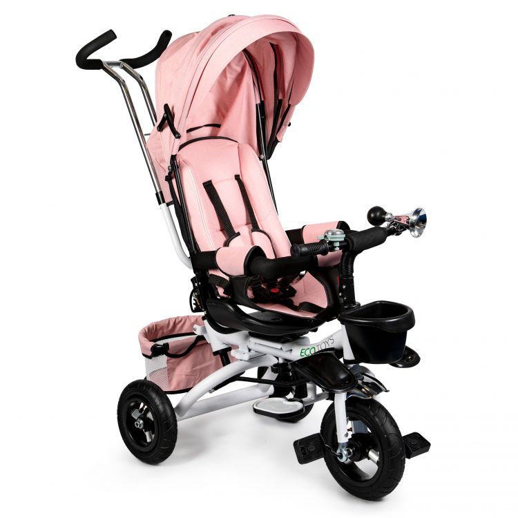 Tricicleta cu scaun rotativ, maner parental, copertina, cos depozitare, suport picioare, centura, culoare roz