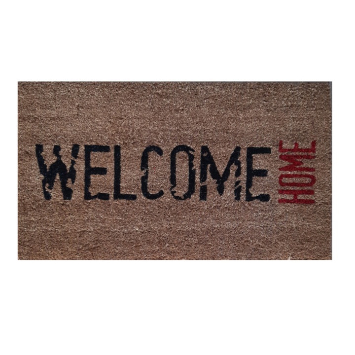 Covoras intrare dreptunghiular, fibra naturala cocos, 40x70cm, antiderapant, model welcome home, Cocco Stamp