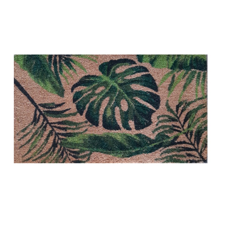 Covoras intrare dreptunghiular, fibra naturala cocos, 40x70cm, antiderapant, model frunze monstera, Cocco Stamp