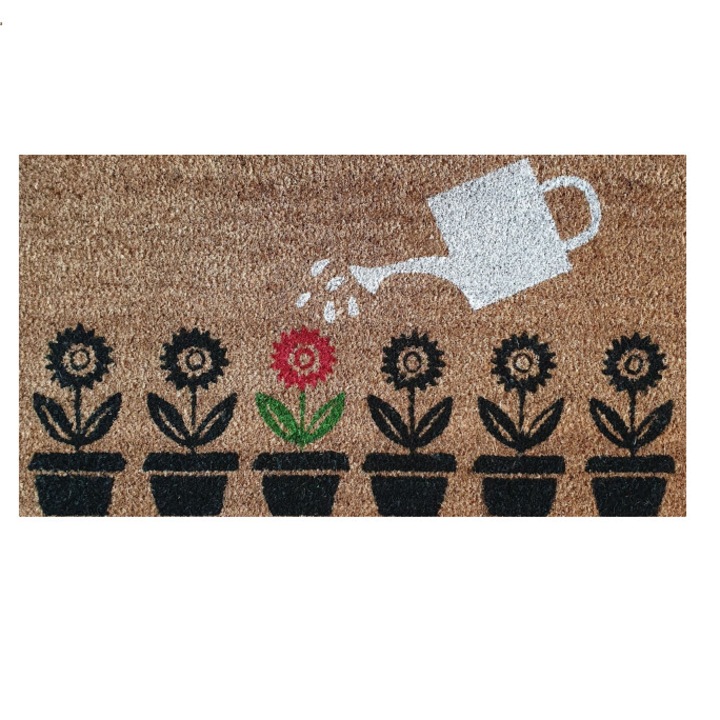 Covoras Intrare Gemitex, 40x70 Cm, Dreptunghiular, Fibra De Cocos Naturala, Design Flori Cu Stropitoare, Suprafata Antiderapanta, Curata Eficient Murdaria, Ideal Pentru Hol, Terasa Sau Exterior, Rezistent La Uzura Zilnica, Maro/Multicolor