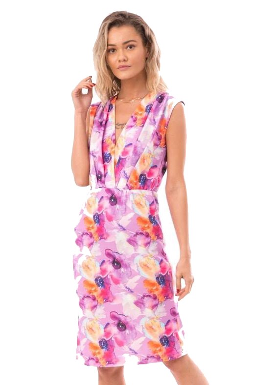 Rochie multicolora cu decolteu petrecut in pliuri marime unica Natasa, Alb/Mov, One Size