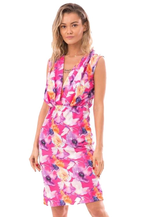 Rochie multicolora cu decolteu petrecut in pliuri marime unica Natasa, Multicolor, One Size