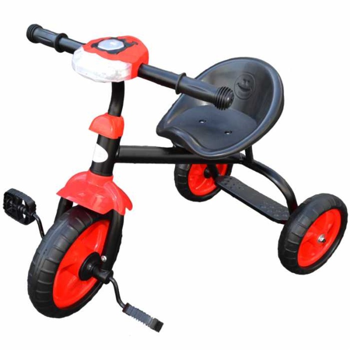 Триколка с педали за деца, ергономична седалка, дунапренени колела, светлини и звуци, червена