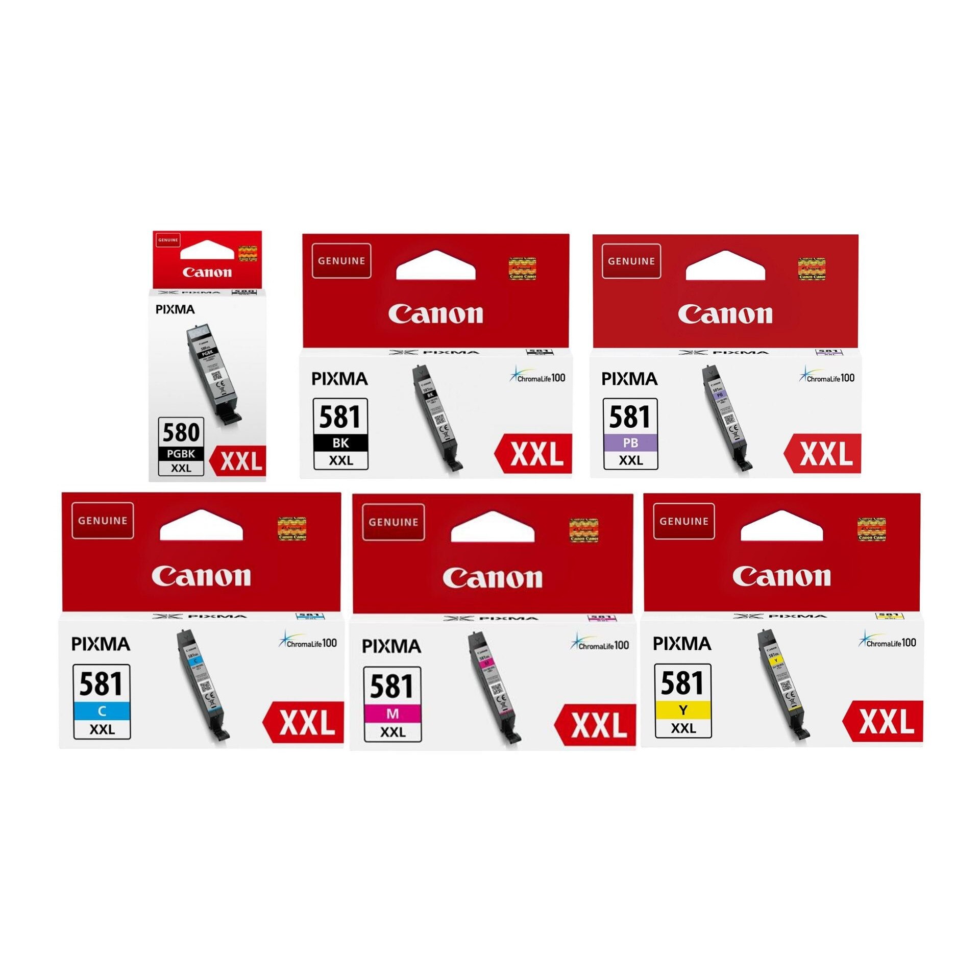 Pachet cartuse cerneala PGI-580PGBK XXL negru CLI-581BK XXL negru CLI-581C XXL cyan CLI-581M XXL magenta CLI-581Y XXL galben CLI-581PB XXL albastru foto Canon original 18505 pagini