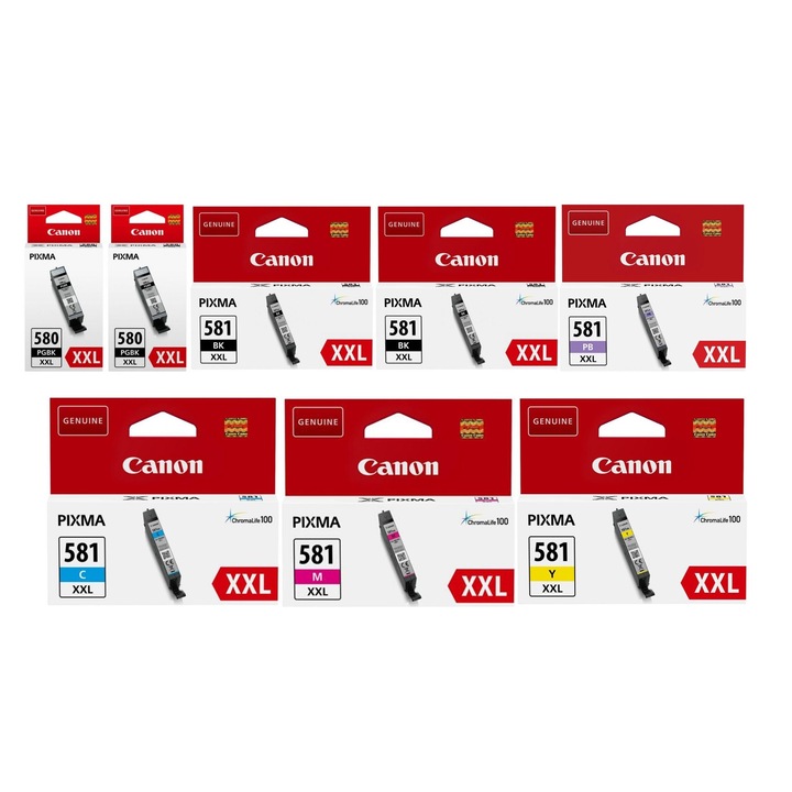 Pachet cartuse cerneala PGI-580PGBK XXL negru x2 CLI-581BK XXL negru x2 CLI-581C XXL cyan CLI-581M XXL magenta CLI-581Y XXL galben CLI-581PB XXL albastru foto Canon original 25465 pagini