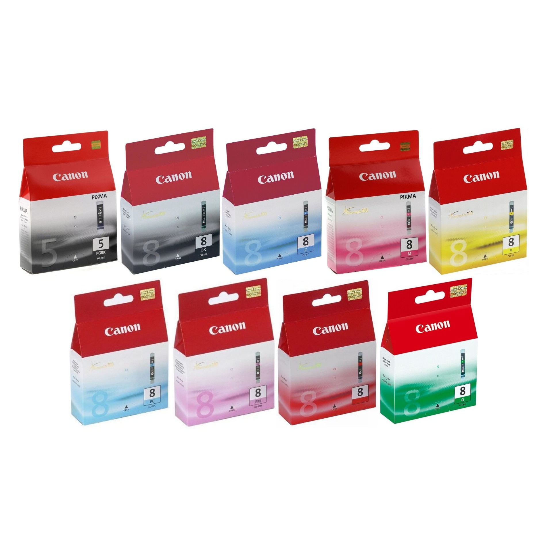 Pachet cartuse cerneala PGI-5BK negru CLI-8BK negru CLI-8C cyan CLI-8M magenta CLI-8Y galben CLI-8PC cyan foto CLI-8PM magenta foto CLI-8G verde CLI-8 rosu Canon original 15450 pagini