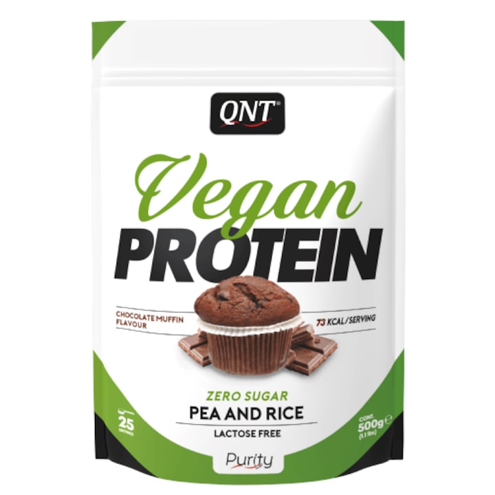 Proteine vegetale din mazare si orez QNT Vegan, aroma briosa ciocolata, 500g