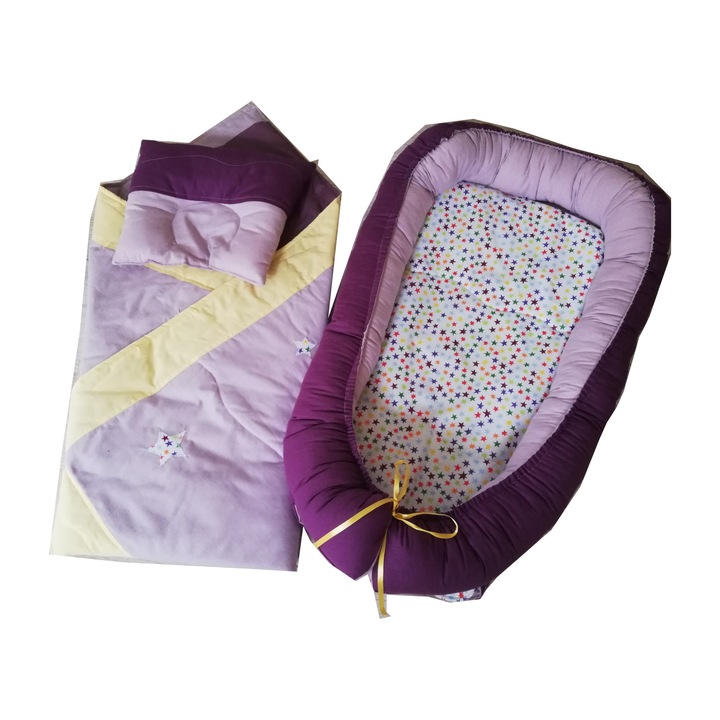 Set Baby Nest 2in1, paturica multifunctionala si pernuta anatomica, Model Stelute mov, 4 piese