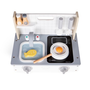 Bucatarie Mica din Lemn pentru Copii, Compacta, 7 Accesorii Incluse, Cu Plita si Chiuveta, Design Realist, Constructie Solida, Gri Bucatarie Mica din Lemn pentru Copii, Compacta, 7 Accesorii Incluse, Cu Plita si Chiuveta, Design Realist, Constructie Solida, Gri