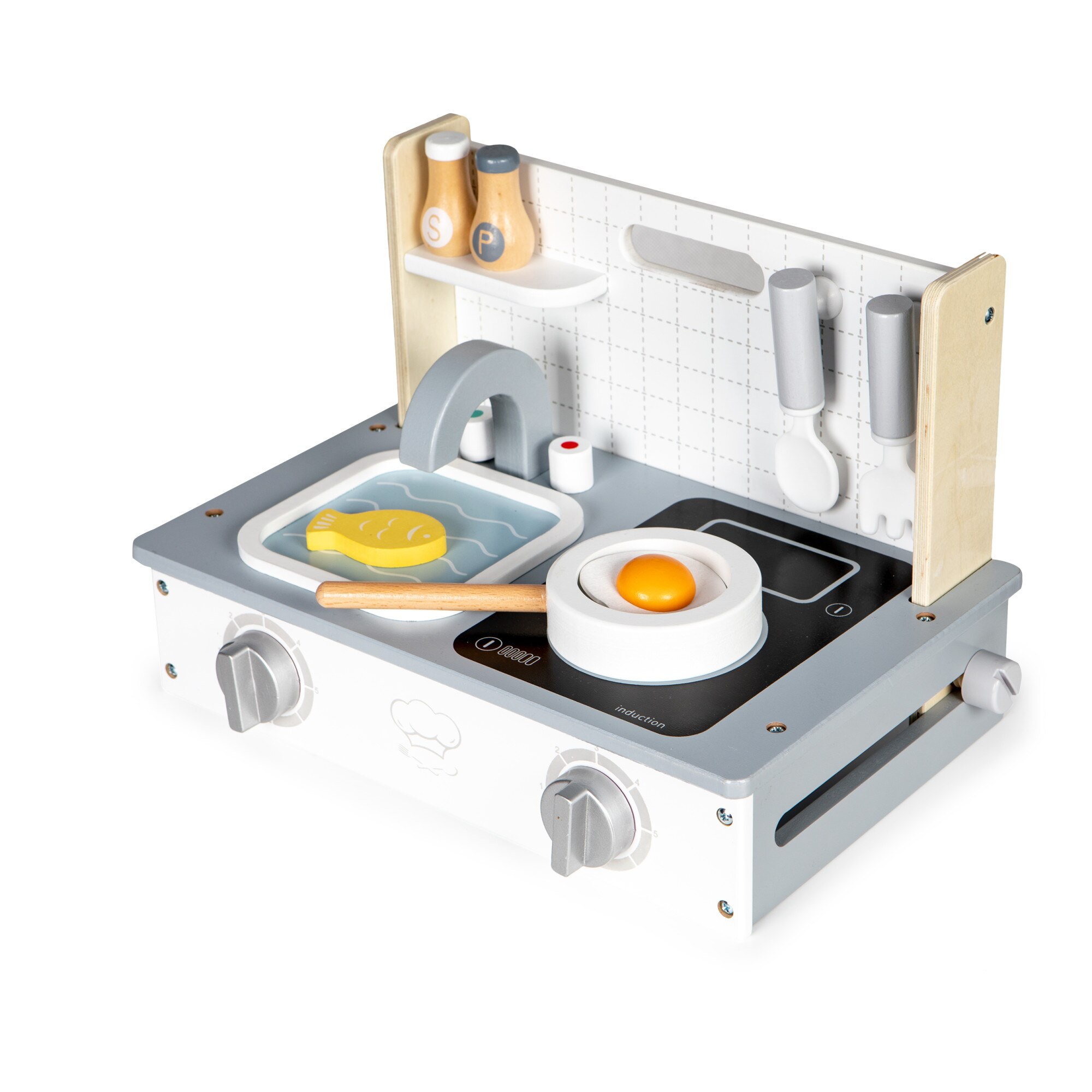 Mini bucatarie din lemn idealSTORE Easy Cook Chef, Dimensiuni 34 x 21 x 22.5 cm, Echipata cu 7 accesorii, Reflecta perfect caracterul unei bucatarii adevarate