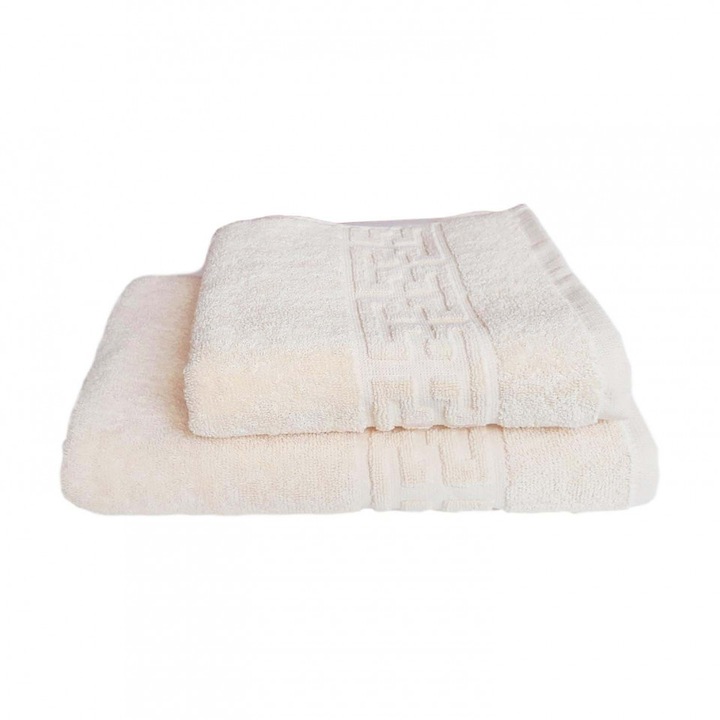 Set 2 prosoape groase si pufoase, bumbac, model grecesc, Crem, Denikos® 255