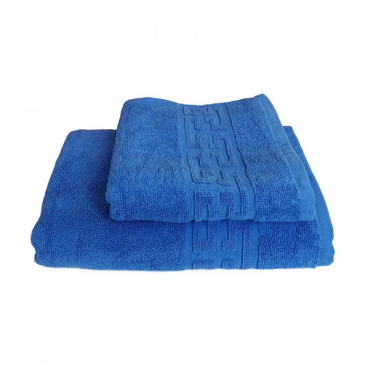 Set 2 prosoape groase si pufoase, bumbac, model grecesc, Albastru, Denikos® 239
