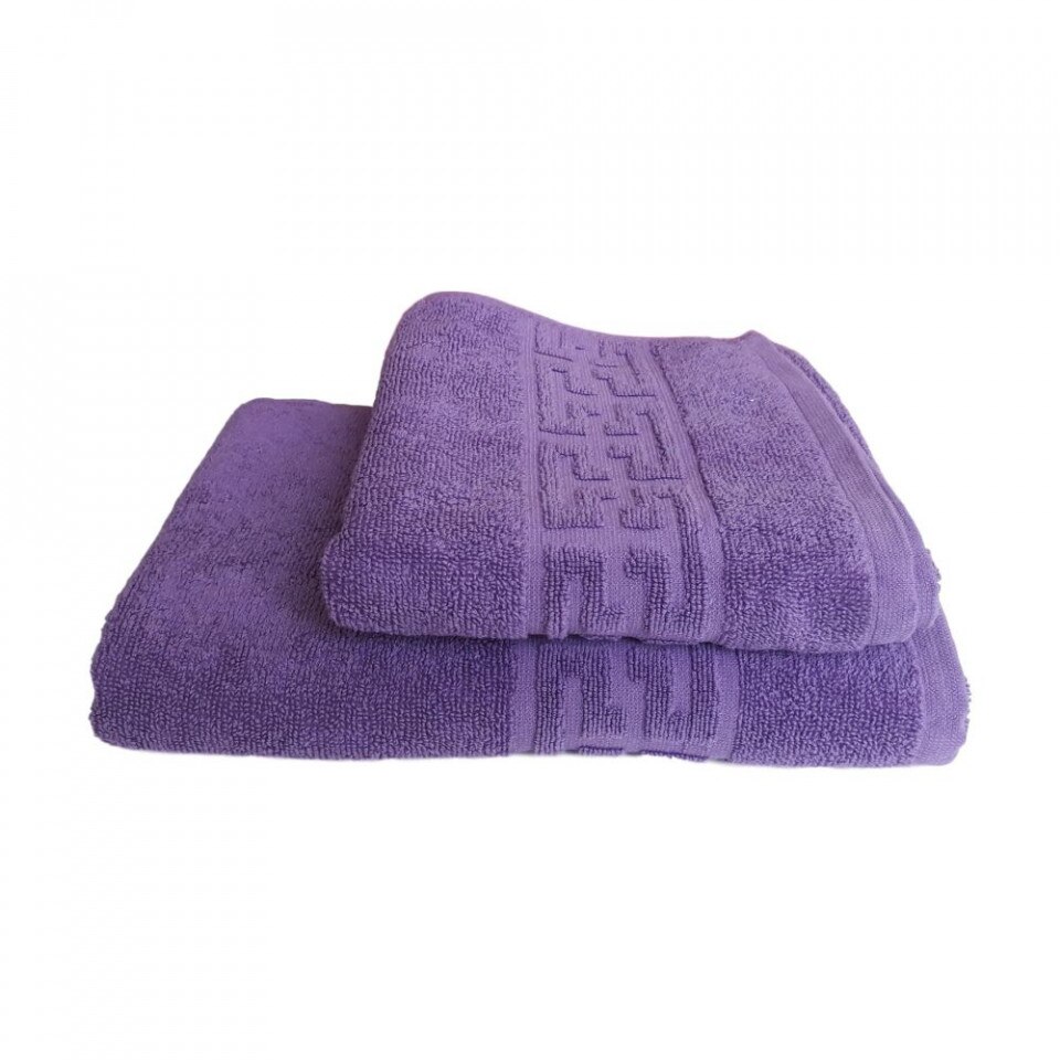 Set 2 prosoape groase si pufoase, bumbac, model grecesc, Lila/Mov, Denikos® 265