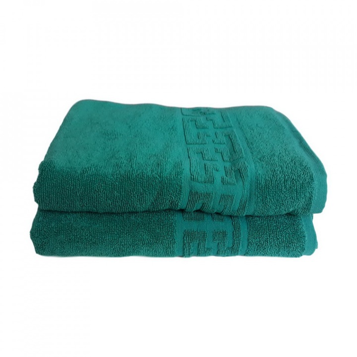 Set 2 prosoape mari groase si pufoase, bumbac, model grecesc, Verde, Denikos® 287