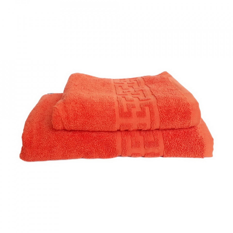 Set 2 prosoape groase si pufoase, bumbac, model grecesc, Orange, Denikos® 292