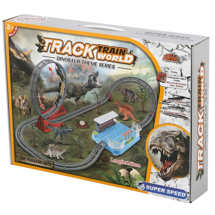 Комплект влакови релси и аксесоари M-Toys Dino, Със звуци, 59 части
