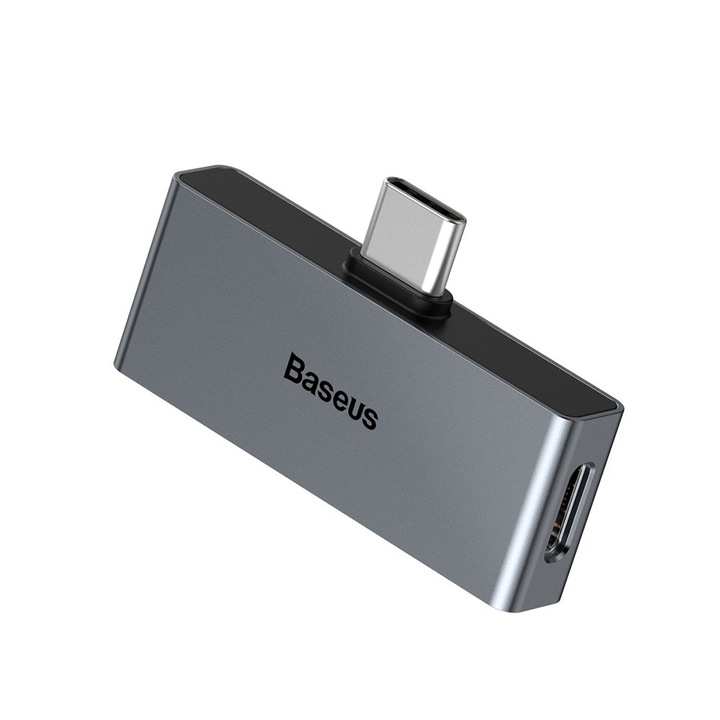 Baseus USB-C Male + 3.5mm Female Adapter L57 - USB-C адаптер за свързване на мобилни устройства (USB-C мъжко) към USB-C (женско) и 3.5 мм аудио вход (тъмносив)