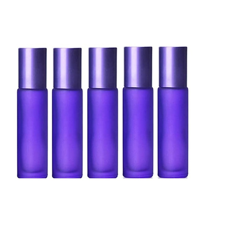 Set 5 recipiente cosmetice sticlute roll-on 5 ml DROPY®, pentru uleiuri esentiale, sticla groasa, mov, model ICE