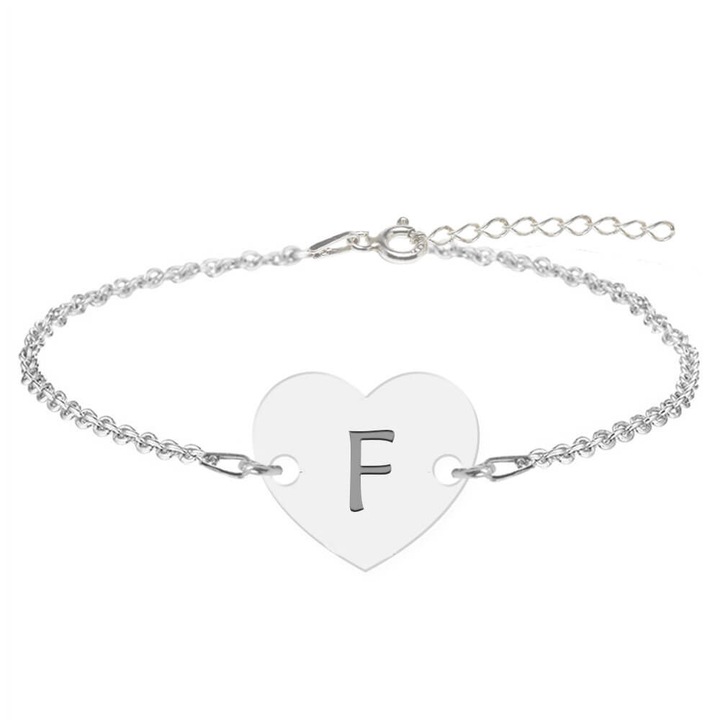 Bratara din argint 925 cu inimioara, litera F, dimensiune 15 + 5 cm, BijuBOX