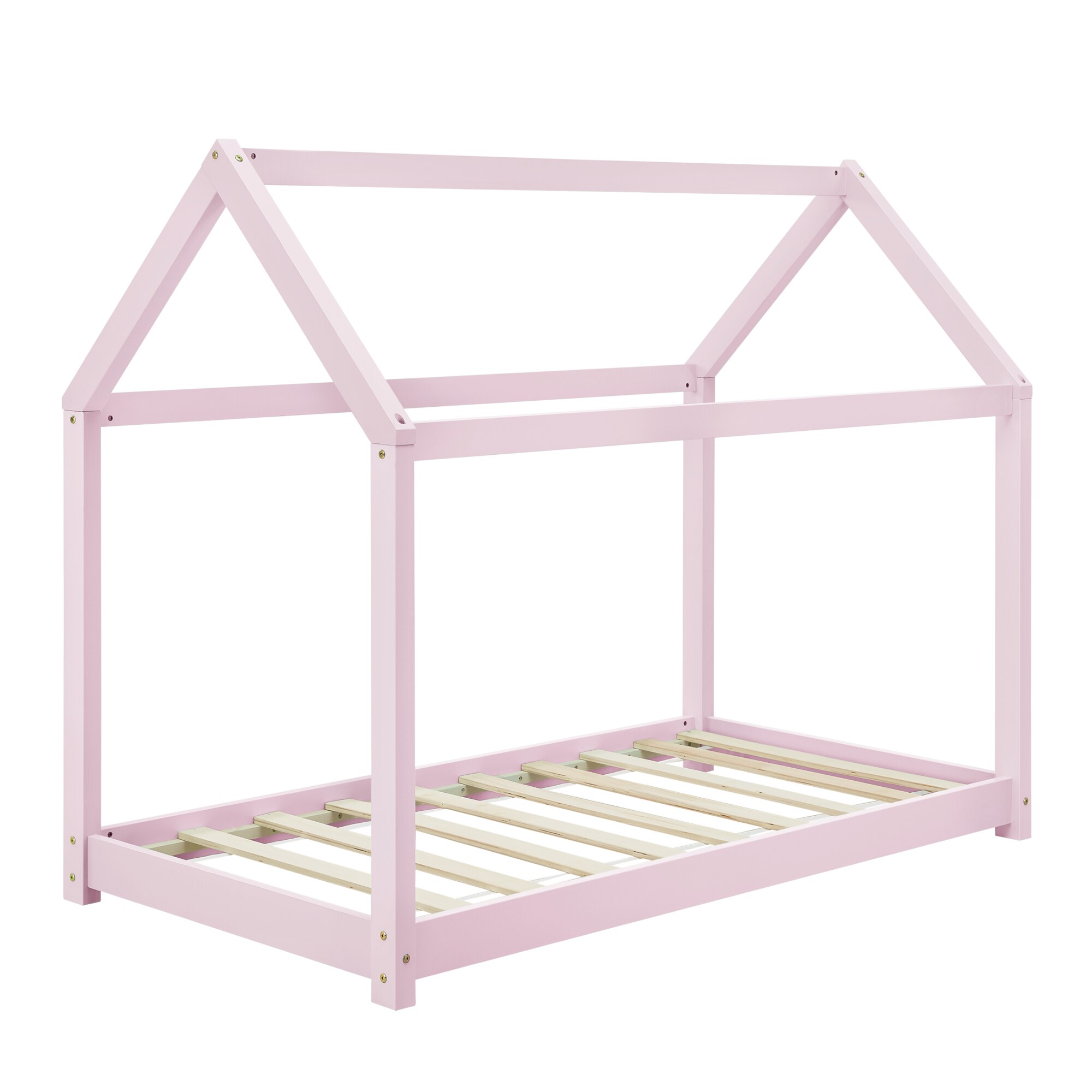 Pat copii Kiran, en.casa,166 x 88 x132 cm, lemn de brad, roz, forma casuta