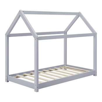 Pat copii Iris, en.casa,140x70cm, lemn, gri deschis, mat lacuit, de la 3 ani, forma casuta, cu saltea Pat copii Iris, en.casa,140x70cm, lemn, gri deschis, mat lacuit, de la 3 ani, forma casuta, cu saltea