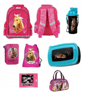 Set rucsac scoala, cal, penar, sac pentru pantofi, cutie pentru pranz, sticla de apa, Caiet de notite si pix, geanta de mana, multicolor Set rucsac scoala, cal, penar, sac pentru pantofi, cutie pentru pranz, sticla de apa, Caiet de notite si pix, geanta de mana, multicolor