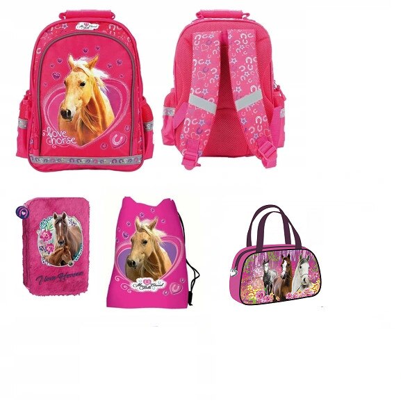 Set rucsac scoala, cal, penar, sac pentru pantofi, geanta sport, multicolor