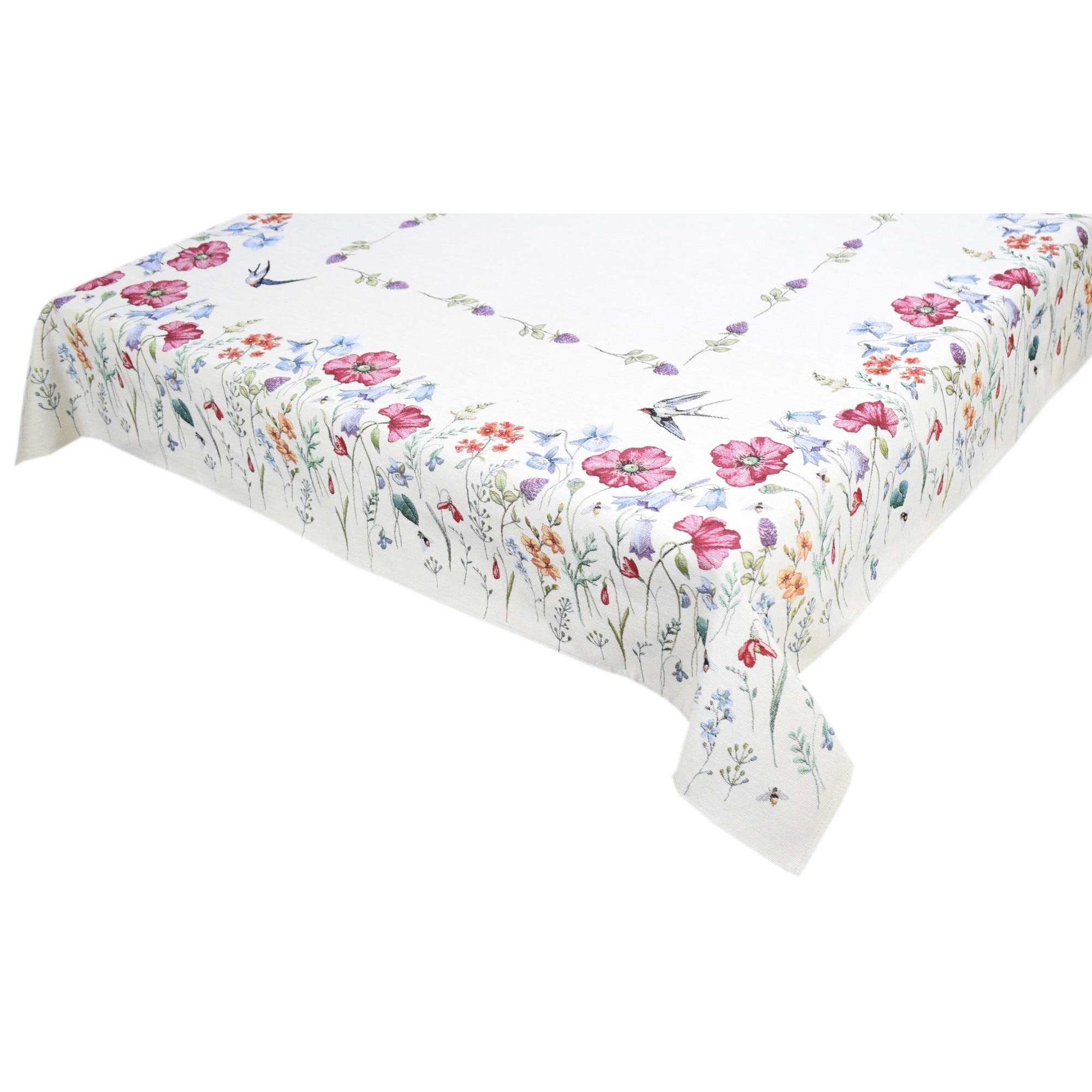 Fata de masa cu tesatura tip goblen, Casa de bumbac, 140x140 cm, flori si randunele