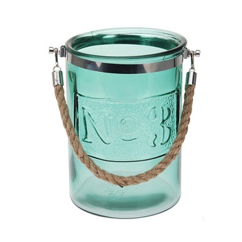 Felinar sticla color, cu maner din iuta, 15x21 cm Felinar sticla color, cu maner din iuta, 15x21 cm