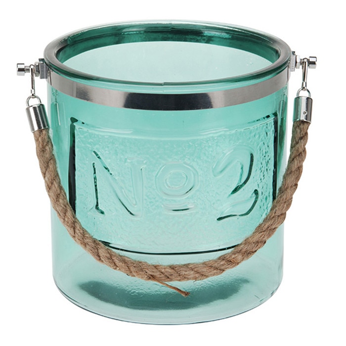 Felinar sticla color, cu maner din iuta, 18x18 cm