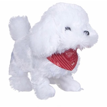 Caine interactiv alb cu esarfa rosie, merge si latra, pentru copii , ATS 18 cm Caine interactiv alb cu esarfa rosie, merge si latra, pentru copii , ATS 18 cm