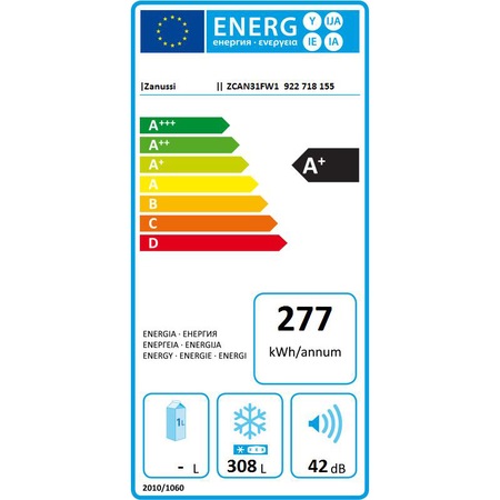 Lada frigorifica Zanussi ZCAN31FW1, 308 l, Control electronics, Clasa F, Alb