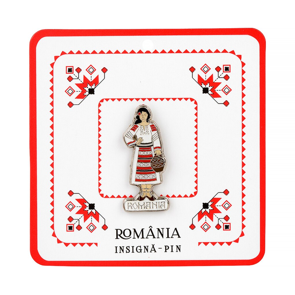 Insigna, Magnetella, Femeie in port popular tinand in mana un ulcior, metal, multicolora