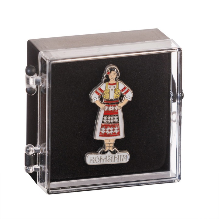 Insigna, Magnetella, Femeie in port popular, metal, multicolora