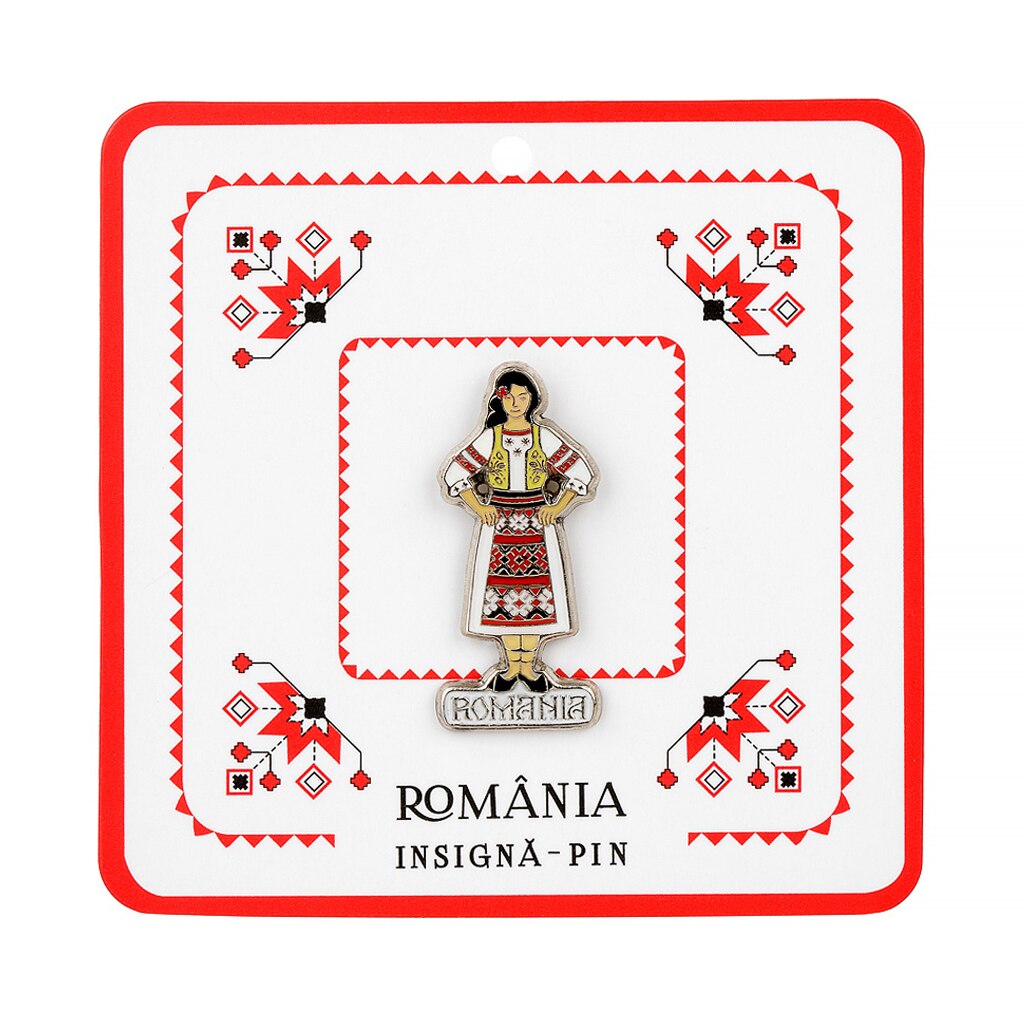Insigna, Magnetella, Femeie in port popular, metal, multicolora