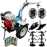 Pachet motocultor profesional, AGT 13000, motor Honda GX390, 13Cp, benzina, ghidon reglabil, roti pneumatice, plug bilonat, freze lucru, latime lucru 120cm, plug arat, roti metal, 5l ulei AgroPro