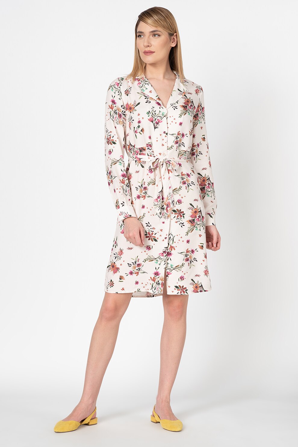 Vila, Rochie tip camasa cu model floral Billy, Crem/Verde/Roz, L