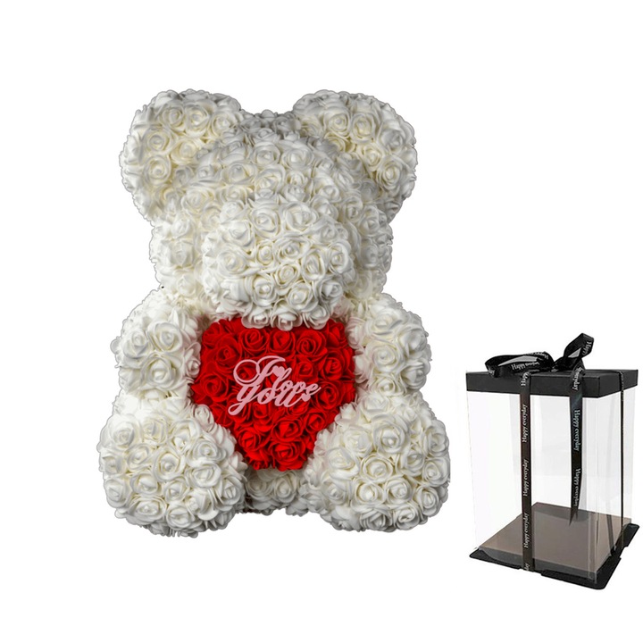 Ursulet din trandafiri, 40 cm, culoarea alba, decorat manual, Cutie transparenta