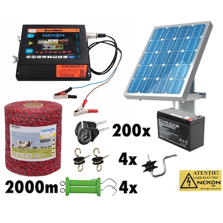 Pachet gard electric NEXON HeavyShock PRO 2.5 J 12V+Solar, Long 2000m 4 lite 110kg