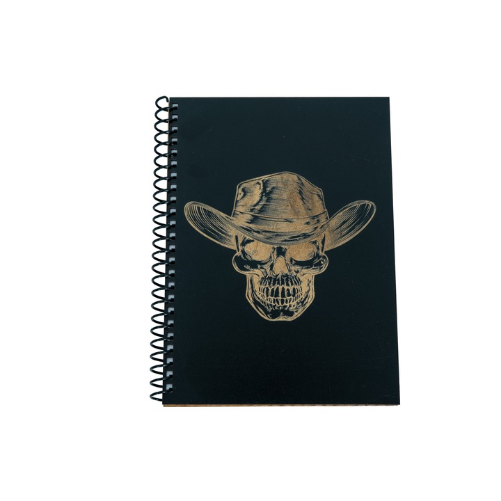 Agenda din lemn gravat cu craniu cu palarie, A5