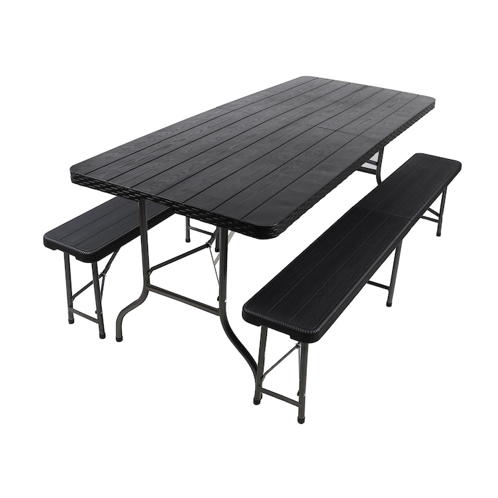 Cali Garden Black összecsukható söröző asztal készlet, acél és műanyag, 180 x 75 x 73 cm, fekete