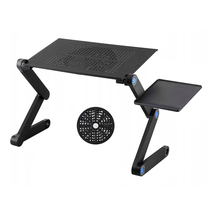 Alumínium laptop asztal, beépített hűtő, összecsukható lábak és állítható szög, oldalsó egér tartóval, fekete szín