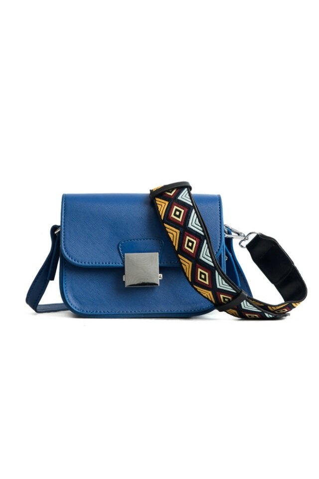 Geanta de dama Sunny albastra din piele ecologica cu bareta multicolora, dimensiuni 17 x 12 x 8 cm