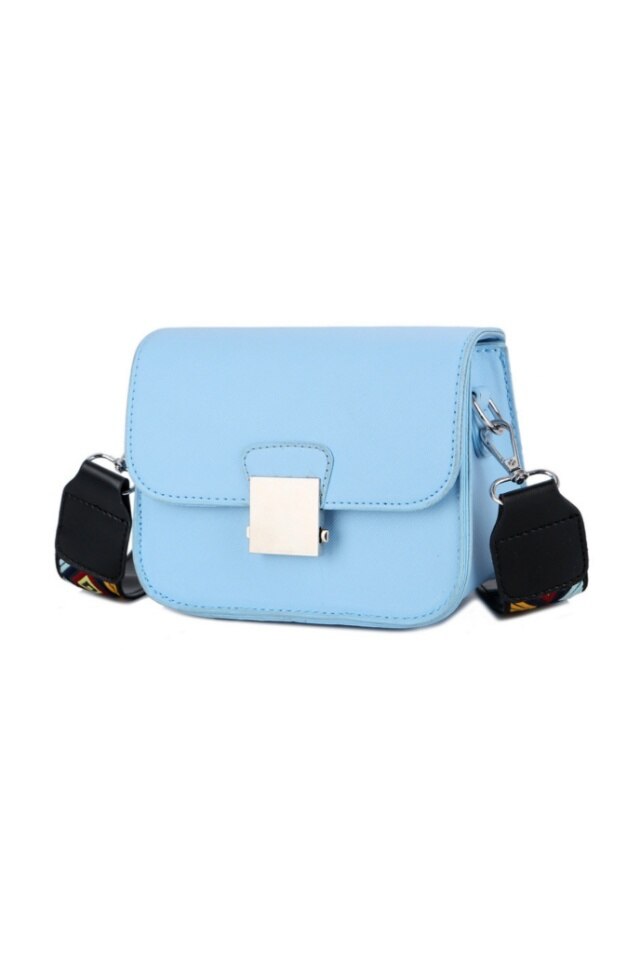 Geanta de dama Sunny bleu din piele ecologica cu bareta multicolora, dimensiuni 17 x 12 x 8 cm