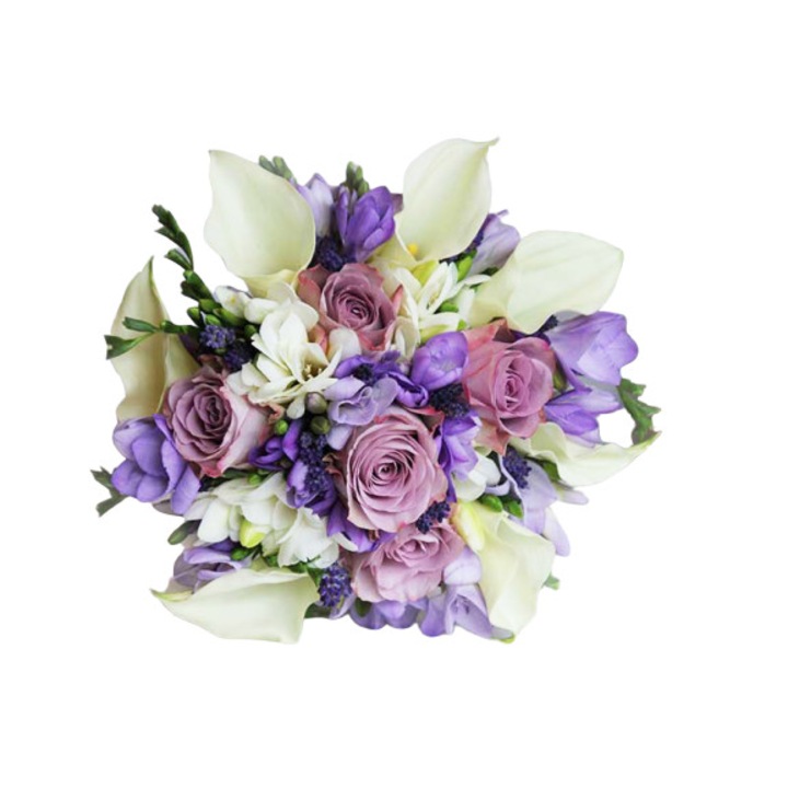 Buchet compact, ebuchet, alb/mov, 33 de fire, cu parfum de primavara