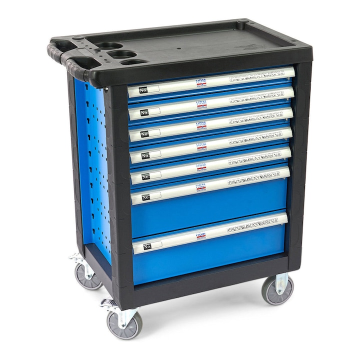 Dulap scule echipat, HBM, 7 sertare, 196 piese, albastru